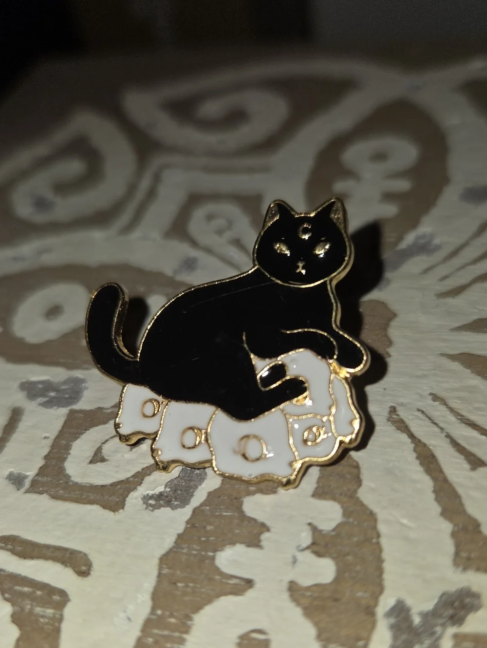 Black Cat Enamel Pin on White Pillow - Cute Cat Lap Accessory